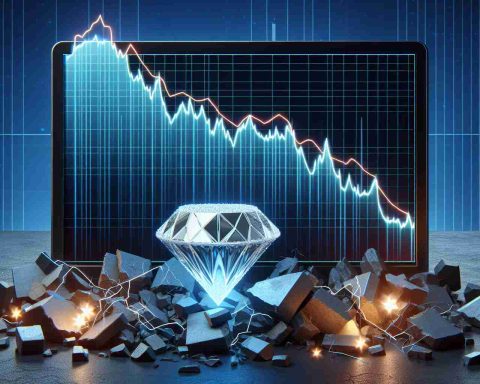 Generate a high-definition, realistic illustration portraying the concept of a dramatic market decline. Show the market as represented by a graph on a computer screen, whose line suddenly drops steeply downward. Beside it, have a beautifully crafted diamond hidden behind some rubble, symbolizing the hidden gem amid the chaos.