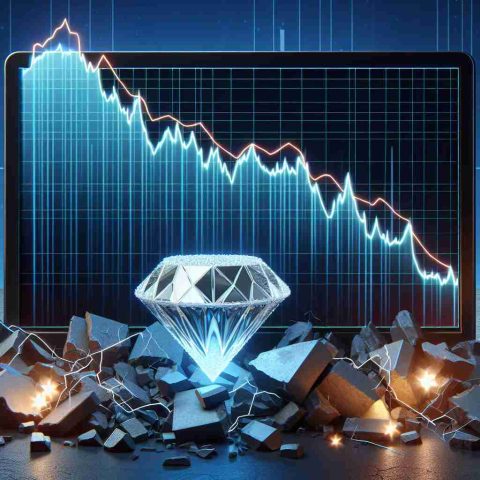 Generate a high-definition, realistic illustration portraying the concept of a dramatic market decline. Show the market as represented by a graph on a computer screen, whose line suddenly drops steeply downward. Beside it, have a beautifully crafted diamond hidden behind some rubble, symbolizing the hidden gem amid the chaos.