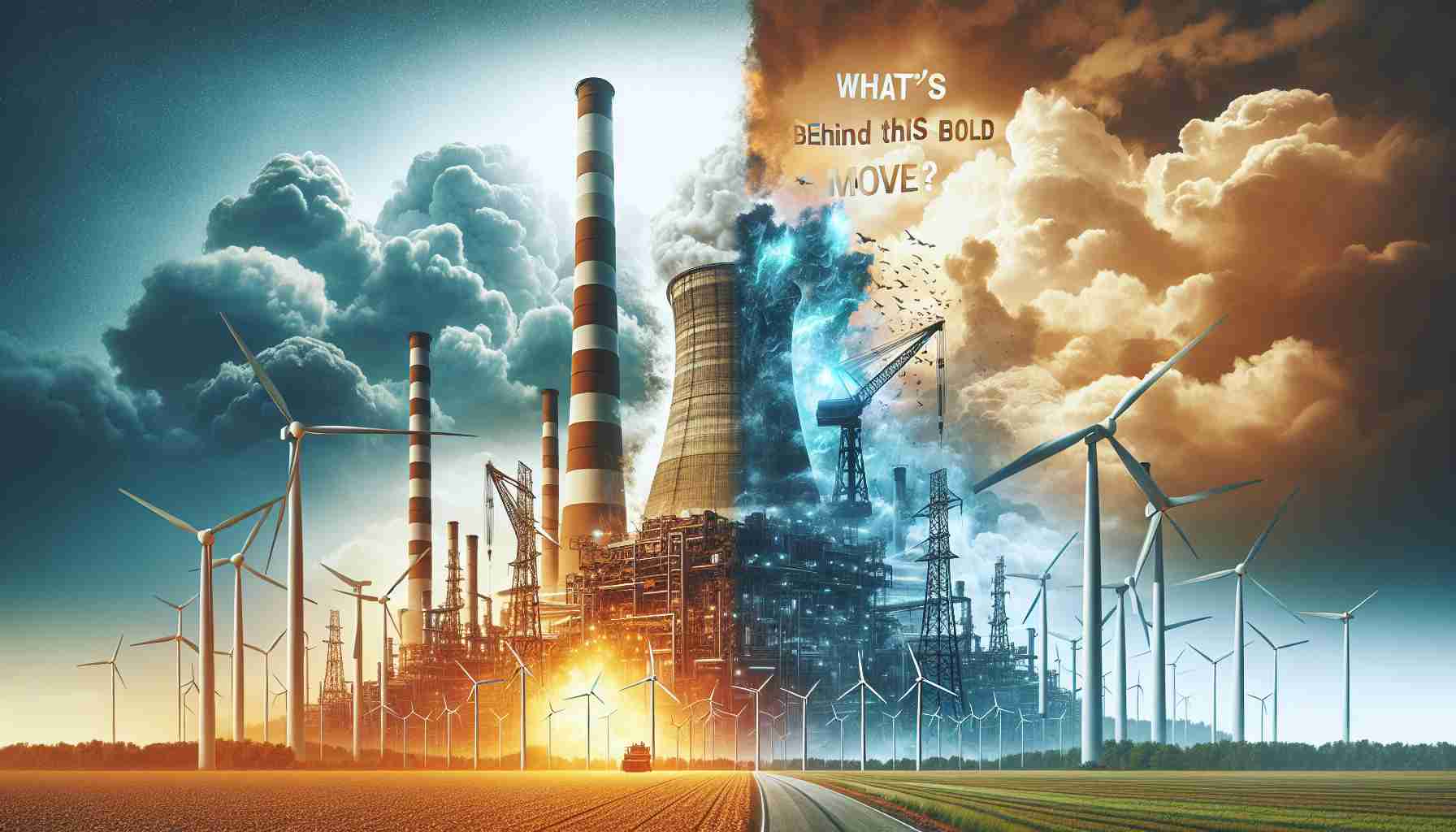 Generate a high-definition, realistic image that symbolizes an energy giant, possibly depicted as a towering power plant or an immense oil derrick, amidst a dramatic shift or transformation. This could be characterized by contrasting scenes - one side showing traditional power generation, and the other showcasing renewable energy sources like windmills or solar panels. Have included the text 'What’s Behind This Bold Move?' as a question in the sky capturing the intrigue and speculation about this potential shift in strategy.