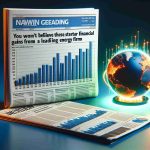 Generate a realistic HD image of a newspaper headline reading 'You Won't Believe These Stellar Financial Gains from a Leading Energy Firm', with a bar chart beside it, showing the company's impressive financial growth over the recent quarters.