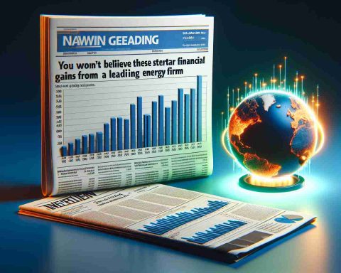 Generate a realistic HD image of a newspaper headline reading 'You Won't Believe These Stellar Financial Gains from a Leading Energy Firm', with a bar chart beside it, showing the company's impressive financial growth over the recent quarters.