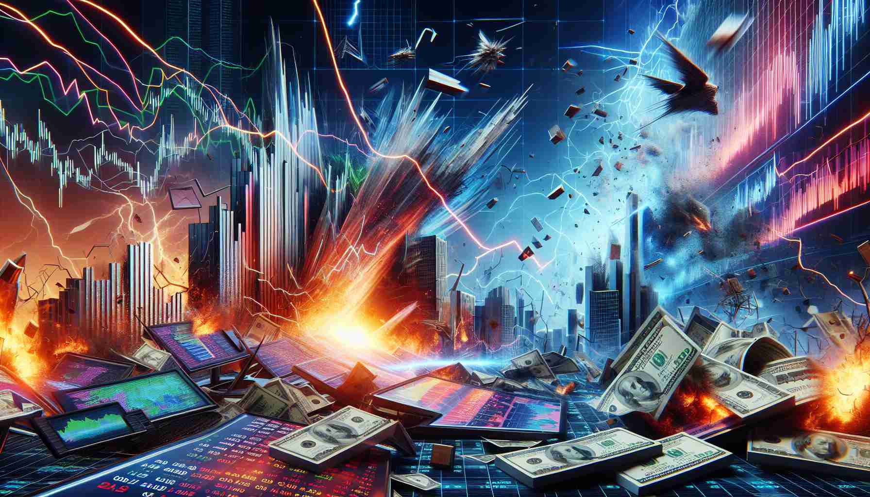 An HD image illustrating the concept of 'Market Shockwaves Unleashed'; dramatized with clean energy stocks plummeting. Display a chaotic financial market setting with graphs, screens, and charts showing a sharp downward trend, symbolizing the falling prices of clean energy stocks. Please portray the dynamics and intensity of such a financial event with vivid colour and realistic detail.