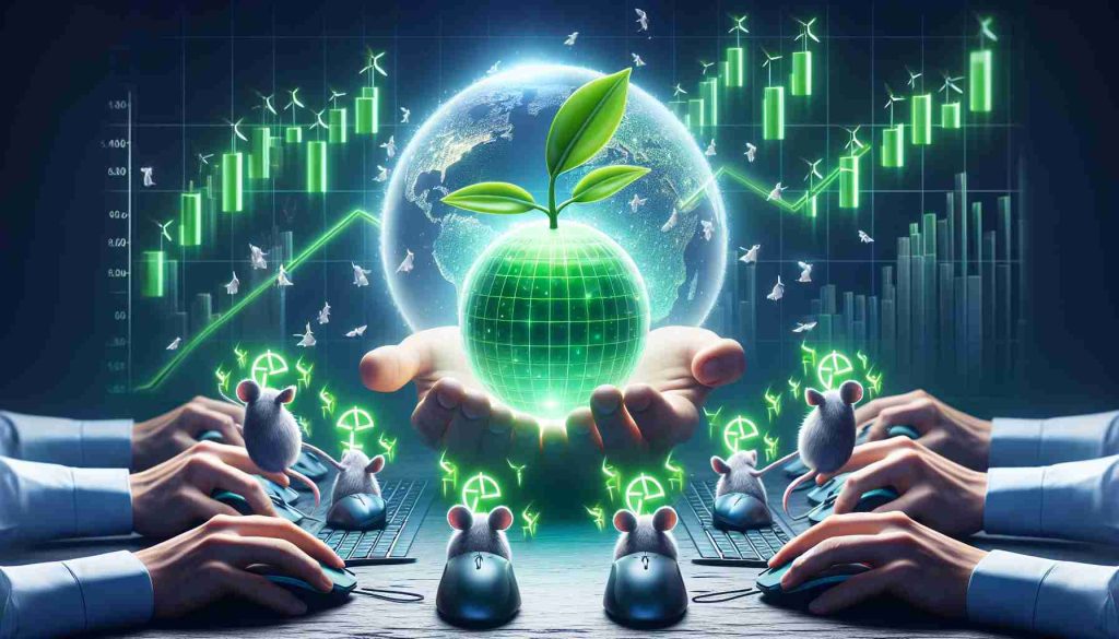 Generate a realistic, high-definition illustration symbolising an ideal clean energy Exchange Traded Fund (ETF) highly recommended by online community members (depicted as group of computer mice). The ETF can be represented as an eco-friendly, brightly glowing orb held by a pair of human hands. Include a suggestion of financial growth such as an upward trending graph with green bars in the background.