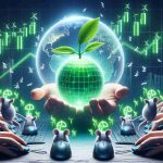 Generate a realistic, high-definition illustration symbolising an ideal clean energy Exchange Traded Fund (ETF) highly recommended by online community members (depicted as group of computer mice). The ETF can be represented as an eco-friendly, brightly glowing orb held by a pair of human hands. Include a suggestion of financial growth such as an upward trending graph with green bars in the background.