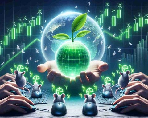 Generate a realistic, high-definition illustration symbolising an ideal clean energy Exchange Traded Fund (ETF) highly recommended by online community members (depicted as group of computer mice). The ETF can be represented as an eco-friendly, brightly glowing orb held by a pair of human hands. Include a suggestion of financial growth such as an upward trending graph with green bars in the background.