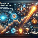 Create a high-definition, realistic image illustrating the fervor and excitement around quantum computing. The image may include a graph with rocketing stock prices, and other symbols such as quantum computers, qubits, or relevant atomic and subatomic particles. Additionally, include elements representing discovery and potential game-changing impacts, like a glowing light bulb, or a futuristic gear. Pair these elements with the text headline: 'Quantum Computing Frenzy: Stocks Skyrocket! Discover the Real Game-Changer'.