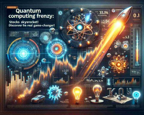 Create a high-definition, realistic image illustrating the fervor and excitement around quantum computing. The image may include a graph with rocketing stock prices, and other symbols such as quantum computers, qubits, or relevant atomic and subatomic particles. Additionally, include elements representing discovery and potential game-changing impacts, like a glowing light bulb, or a futuristic gear. Pair these elements with the text headline: 'Quantum Computing Frenzy: Stocks Skyrocket! Discover the Real Game-Changer'.