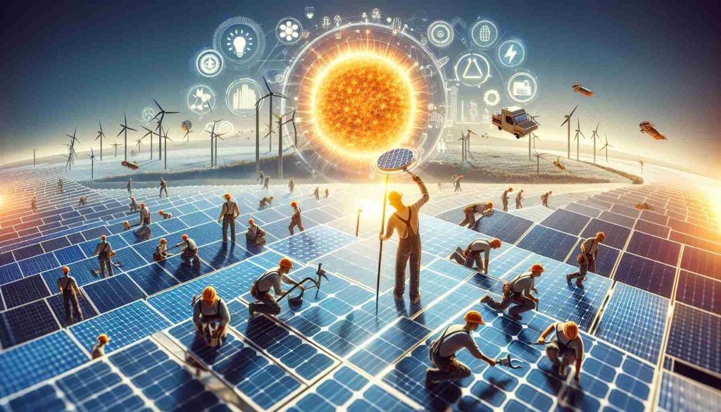 A high definition, realistic image depicting a significant shift in the energy landscape with a focus on the solar sector. The scene can include new solar technology, a bright sun symbolizing solar power, and a workforce of diverse descents and genders installing solar panels. Emblems or graphics can be visible to indicate the evolution and impressive surge of solar power technology. Please avoid valuing any particular technology or future prediction, and include equal gender and descent representation.