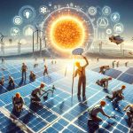 A high definition, realistic image depicting a significant shift in the energy landscape with a focus on the solar sector. The scene can include new solar technology, a bright sun symbolizing solar power, and a workforce of diverse descents and genders installing solar panels. Emblems or graphics can be visible to indicate the evolution and impressive surge of solar power technology. Please avoid valuing any particular technology or future prediction, and include equal gender and descent representation.