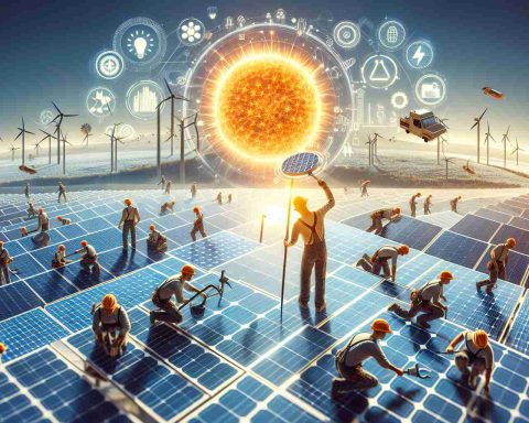 A high definition, realistic image depicting a significant shift in the energy landscape with a focus on the solar sector. The scene can include new solar technology, a bright sun symbolizing solar power, and a workforce of diverse descents and genders installing solar panels. Emblems or graphics can be visible to indicate the evolution and impressive surge of solar power technology. Please avoid valuing any particular technology or future prediction, and include equal gender and descent representation.