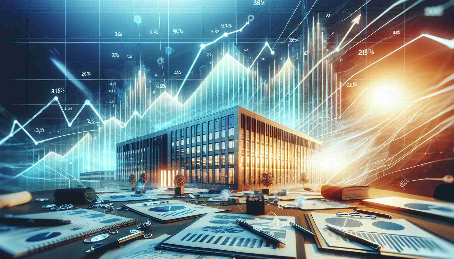 A high-definition, highly detailed image representing the theme of surging stocks and secret deals affiliated with an energy company. The visualization should include rising graphs and charts to denote the stock surge, a nondescript corporate office building symbolizing the energy company, documents spread out on a desk that allude to secret deals, and a dynamic background that creates an aura of the game-changing entity. Please avoid branding, logos or identifiable trademark replication in the depiction.