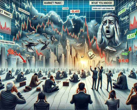 Generate a realistic, high-definition image depicting a scene of market disturbance. The image could feature various economic symbols such as downward trending graphs, fluctuating stock market indices, and worried faces of investors, indicating a dire situation. Additionally, include a title saying 'Market Panic: What You Need to Know!', as well as a caption 'Things Don't Look Good for Investors.'