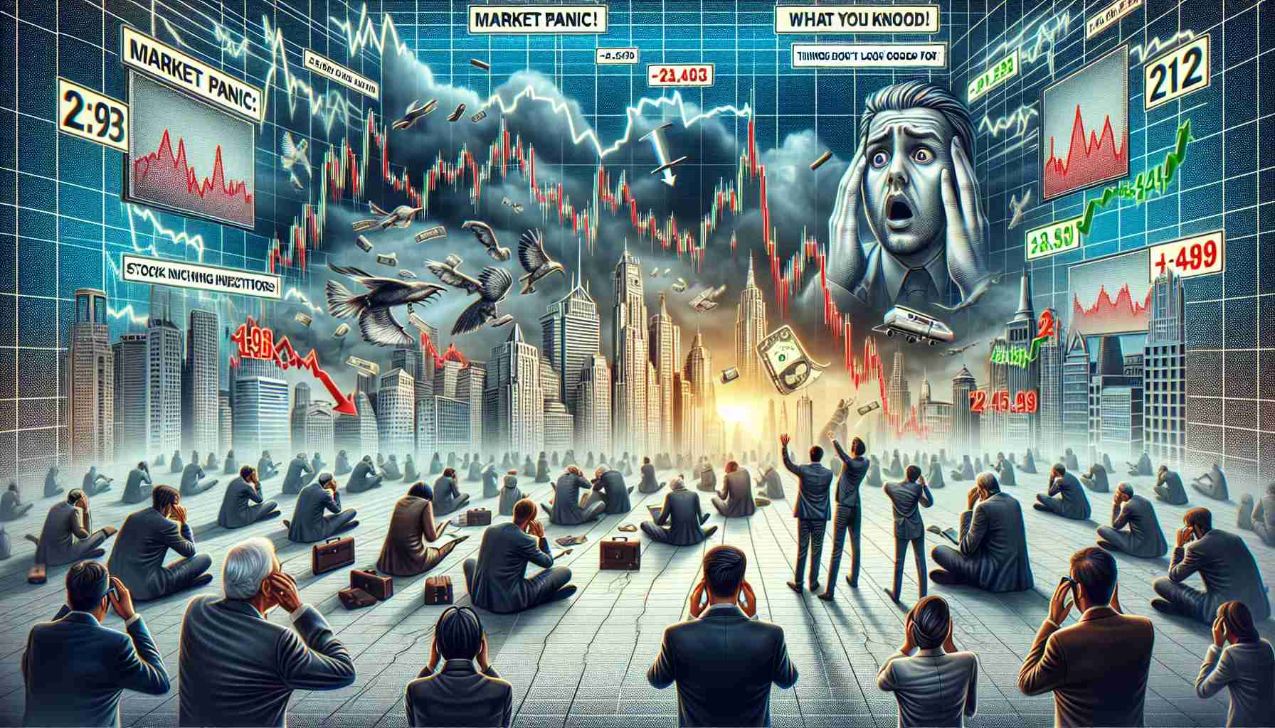 Generate a realistic, high-definition image depicting a scene of market disturbance. The image could feature various economic symbols such as downward trending graphs, fluctuating stock market indices, and worried faces of investors, indicating a dire situation. Additionally, include a title saying 'Market Panic: What You Need to Know!', as well as a caption 'Things Don't Look Good for Investors.'