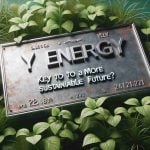 A realistic high-definition image of the text 'Y Energy: Key to a More Sustainable Future?' engraved on a metal signboard, over a backdrop of green plants symbolising sustainability.