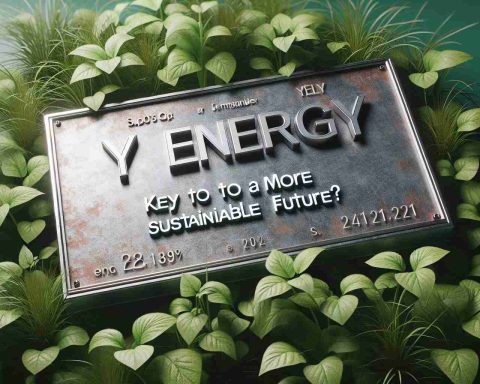 A realistic high-definition image of the text 'Y Energy: Key to a More Sustainable Future?' engraved on a metal signboard, over a backdrop of green plants symbolising sustainability.