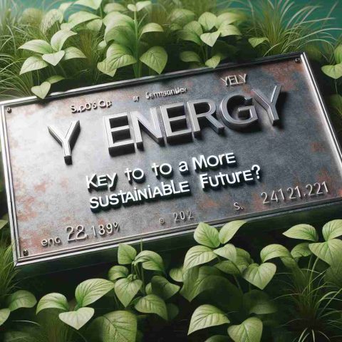 A realistic high-definition image of the text 'Y Energy: Key to a More Sustainable Future?' engraved on a metal signboard, over a backdrop of green plants symbolising sustainability.