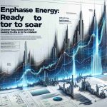 Detailed and realistic high definition image of a stock graph dramatically ascending, signifying a higher value. The title on top of the graph says 'Enphase Energy Stock: Ready to Soar?'. Below the graph, there's a caption 'Discover How New Tech is the Catalyst' against a white background.