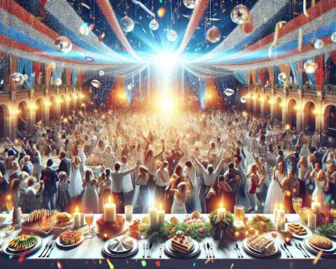 Generate a realistic high-definition image displaying the atmosphere of a large celebration or festive occasion, featuring various party decorations, festive food, bright lights, and excited people. The specifics of the event are left to interpretation, provoking the question 'What's really happening?'