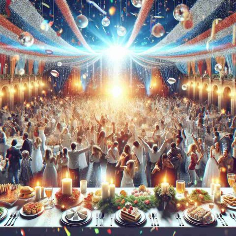 Generate a realistic high-definition image displaying the atmosphere of a large celebration or festive occasion, featuring various party decorations, festive food, bright lights, and excited people. The specifics of the event are left to interpretation, provoking the question 'What's really happening?'