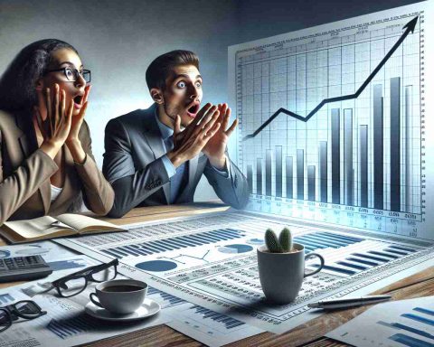 A photorealistic high-definition image capturing the aspect of a financial report reveal, focusing on an unexpected leap in the earnings of an unnamed company. The depiction includes visual representation of charts showing significant growth, along with surprised expressions of business personnel at the revelation.