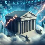 Generate a high-definition, realistic image, illustrating the concept of a banking giant metaphorically soaring or surging, symbolizing positive stock market trends. The scene might involve a representation of a banking institution as a gigantic building, surrounded by charts and graphs indicating rising stock values.