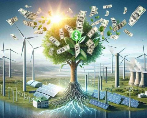 High-definition, realistic image of the concept of investment opportunities in green energy. Visualize a giant, growing tree made of dollar bills symbolizing a flourishing clean energy company. Surround this tree with symbols of green energy - wind turbines, solar panels, and hydroelectric dams. Also depict elements of a bright, promising future, like a rising sun in the background.