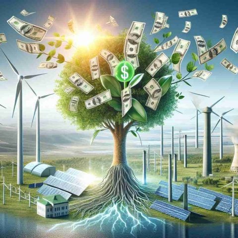 High-definition, realistic image of the concept of investment opportunities in green energy. Visualize a giant, growing tree made of dollar bills symbolizing a flourishing clean energy company. Surround this tree with symbols of green energy - wind turbines, solar panels, and hydroelectric dams. Also depict elements of a bright, promising future, like a rising sun in the background.