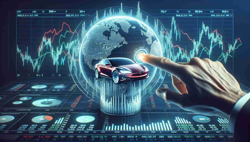 Create a realistic HD image of a Tesla stock chart featuring a new perspective on predicting future stock value. The chart should incorporate innovative visual approaches to stock market valuation.