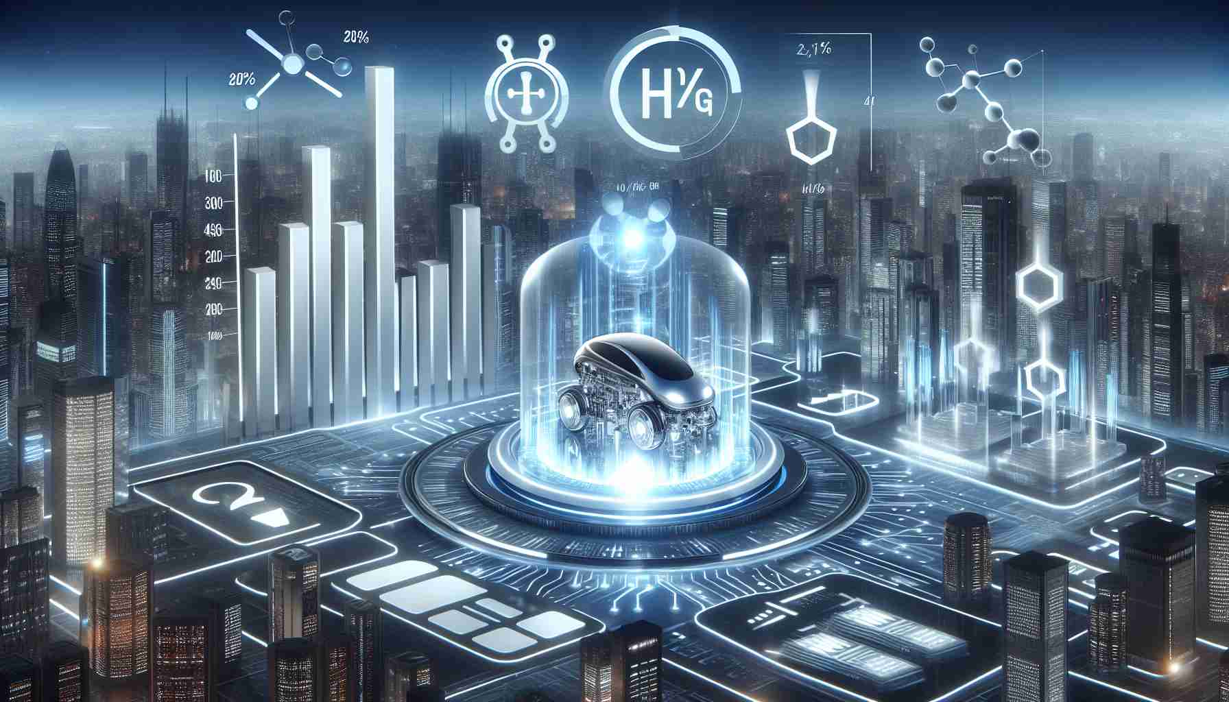 A high-definition, realistic image of the concept 'Is Hydrogen the Investment of the Future?'. The image could possibly depict a futuristic cityscape powered by sleek, futuristic hydrogen energy technologies, alongside elements of finance and investment, such as graphs showing positive growth under the influence of hydrogen energy.