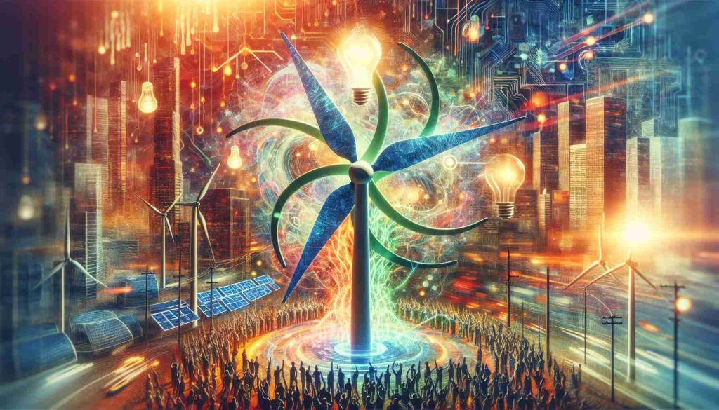 A highly detailed imagined scene of an exciting partnership that's causing a stir in the energy sector. The image depicts an abstract representation of collaboration, perhaps with two distinct but intertwined energy sources, such as a wind turbine and a solar panel, set against a backdrop of a hustle and bustle cityscape filled with skyscrapers. The aura suggests revitalization, with bold colors symbolizing renewed interest. Maybe incorporate symbols of innovation like lightbulbs or digital circuits, and global acceptance like diverse crowd cheering or applauding in the background.