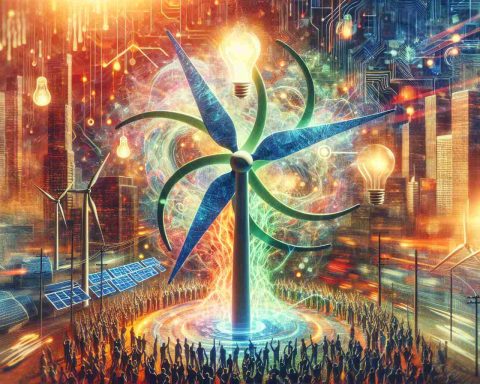 A highly detailed imagined scene of an exciting partnership that's causing a stir in the energy sector. The image depicts an abstract representation of collaboration, perhaps with two distinct but intertwined energy sources, such as a wind turbine and a solar panel, set against a backdrop of a hustle and bustle cityscape filled with skyscrapers. The aura suggests revitalization, with bold colors symbolizing renewed interest. Maybe incorporate symbols of innovation like lightbulbs or digital circuits, and global acceptance like diverse crowd cheering or applauding in the background.