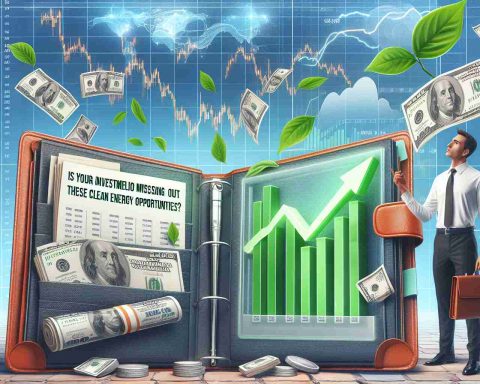 Realistic HD picture of the concept 'Is Your Investment Portfolio Missing Out on These Clean Energy Opportunities?' featuring open portfolios, cash, graphs showing clean energy stocks soaring, green leaves symbolizing clean energy, and an inquisitive investor indicating a missed opportunity.