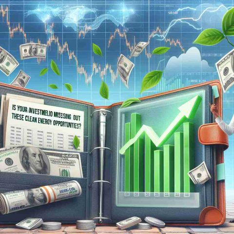 Realistic HD picture of the concept 'Is Your Investment Portfolio Missing Out on These Clean Energy Opportunities?' featuring open portfolios, cash, graphs showing clean energy stocks soaring, green leaves symbolizing clean energy, and an inquisitive investor indicating a missed opportunity.