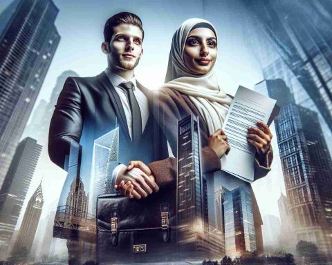 Create an image that captures a moment of great importance, illustrated as a futuristic partnership agreement. Two individuals, one a Middle-Eastern woman and the other a Hispanic man, symbolize this alliance. Both are dressed in formal attire, indicating the seriousness of their commitment. They are in a bustling urban environment, skyscrapers towering above them, hinting at the modern world they are part of. Hidden in plain sight are documents symbolizing the deal, just peeking out of a briefcase. The whole scene has to exude optimism about the future, encouraging faith in the power of such partnerships.