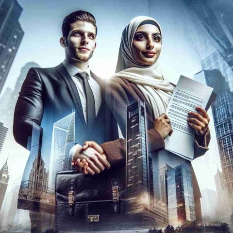 Create an image that captures a moment of great importance, illustrated as a futuristic partnership agreement. Two individuals, one a Middle-Eastern woman and the other a Hispanic man, symbolize this alliance. Both are dressed in formal attire, indicating the seriousness of their commitment. They are in a bustling urban environment, skyscrapers towering above them, hinting at the modern world they are part of. Hidden in plain sight are documents symbolizing the deal, just peeking out of a briefcase. The whole scene has to exude optimism about the future, encouraging faith in the power of such partnerships.