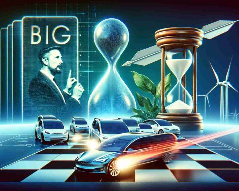 A high-definition, realistic image that conceptualizes 'Big Move' for Tesla. The graphics represent the dynamic and innovative nature of the automobile industry with high-tech green energy vehicles. There is exploratory and strategic imagery, which symbolizes the company's ambitious efforts towards expansion and growth in new marketplaces. Please include signs of relevant ambition such as a chessboard or hourglass. However, avoid featuring any specific personalities in the image.