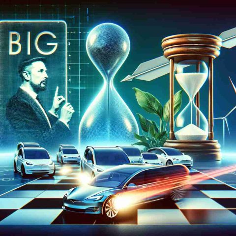 A high-definition, realistic image that conceptualizes 'Big Move' for Tesla. The graphics represent the dynamic and innovative nature of the automobile industry with high-tech green energy vehicles. There is exploratory and strategic imagery, which symbolizes the company's ambitious efforts towards expansion and growth in new marketplaces. Please include signs of relevant ambition such as a chessboard or hourglass. However, avoid featuring any specific personalities in the image.