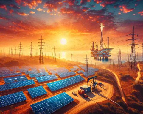 Create a high-definition, realistic photo showcasing the secret energy surge in Ghana. The scene should depict some of the renewable and non-renewable energy sources that are prevalent and contributing to the country's growth and balance, such as a large solar panel farm under the bright sun, and an oil rig at the coastline with the rising sun in the backdrop. Also, include a few electricity pylons scattered across the landscape to indicate the energy infrastructure. Make sure to capture the essence of the thriving, vibrant, and energetic nature of this African gem.