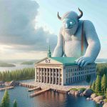 A realistic HD image of a towering, whimsical giant, symbolizing a 'bold move', in a serene and beautiful landscape typical of Sweden, ending this scene with a large building representing a stock exchange where an Initial Public Offering (IPO) has just been filed. Please include an unseen platform, conveying a metaphorical sense, adding depth to the image.