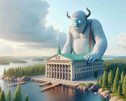 A realistic HD image of a towering, whimsical giant, symbolizing a 'bold move', in a serene and beautiful landscape typical of Sweden, ending this scene with a large building representing a stock exchange where an Initial Public Offering (IPO) has just been filed. Please include an unseen platform, conveying a metaphorical sense, adding depth to the image.