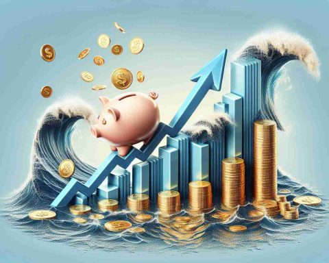 Create a high-definition, realistic image that symbolizes a surge in profits. Visualize this concept through arrows pointing upwards associated with symbols of business growth such as a rising bar chart, stacks of gold coins, or a swelled piggy bank. It is about a fictional company that is causing a splash in its industry, perhaps symbolized by a wave cresting over these symbols, which represents the disruptive impact it is making.