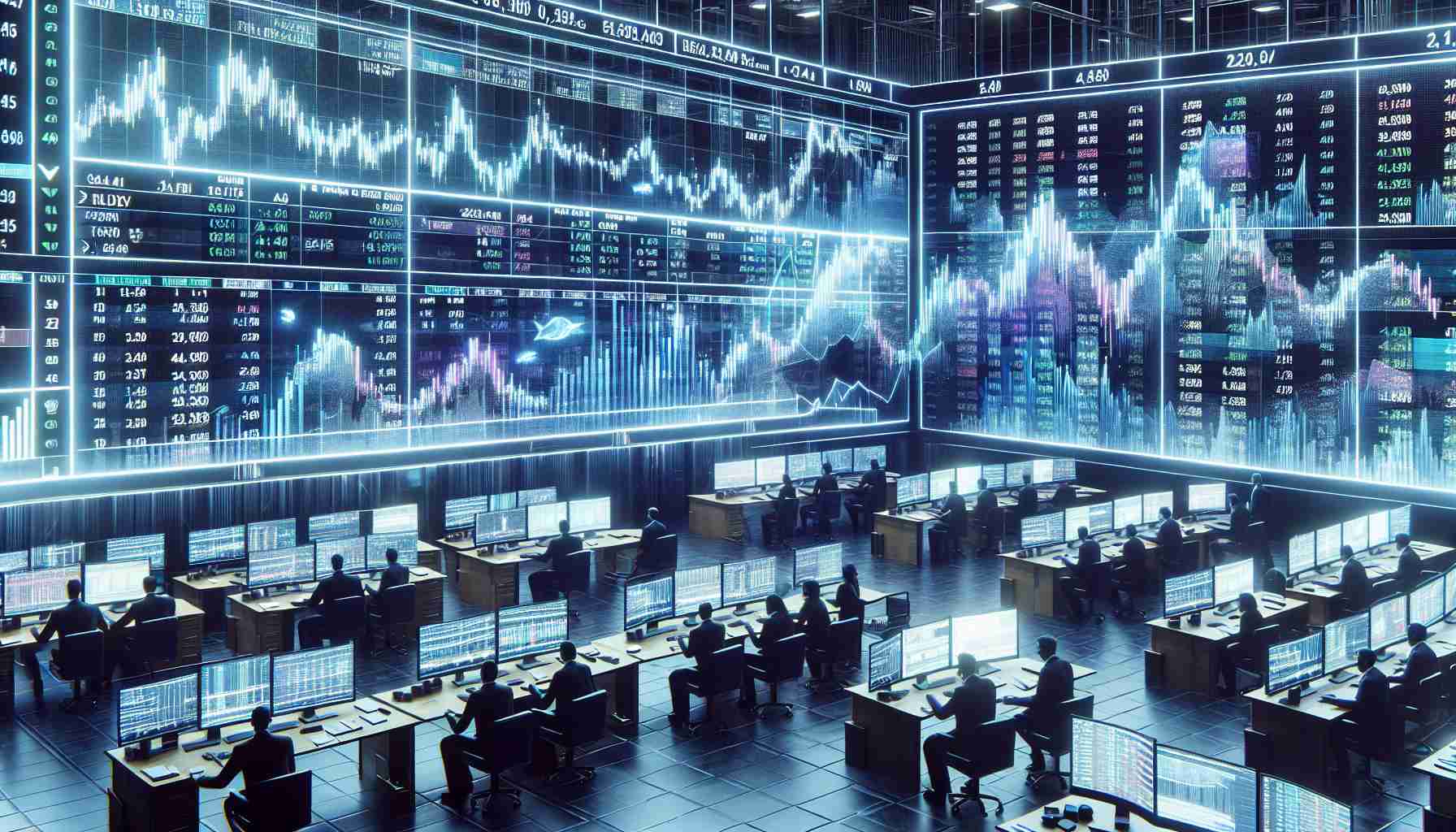 Generate a photorealistic, high-definition image depicting a scene of the stock market in India, showing screens displaying fluctuating prices and graphs. There should be a sense of uncertainty and anticipation among the brokers. Include a visual representation of potential emerging trends, perhaps through the use of bright colors or specific symbols.