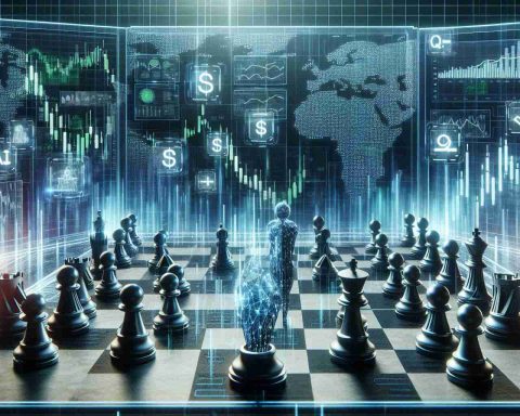 A realistic, high-definition image depicting the concept of 'AI Stock Wars'. Picture a futuristic battlefield, where stocks and shares symbols are strategically maneuvered like chess pieces by AI interfaces with holographic screens showing complex numerical values and graphs. The battlefield appears to shift and change, unveiling new frontlines, symbolizing the unexpected twists and turns of the stock market.