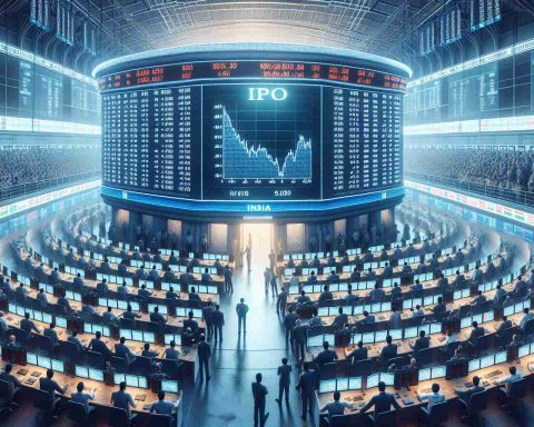 High definition, realistic image depicting the unveiling of an event marking the initial public offering (IPO) of a major, unnamed corporation in India. The scene should show anticipation and excitement, reflecting India's vibrant financial market. Please showcase the high-altitude perspective over a crowded stock exchange trading floor, with traders awaiting eagerly. Include a large screen displaying a ticker tape with unreadable figures and graphs to signify stock market activities. This depiction should evoke a sense of suspense and reflect conversations about whether the major corporation lived up to the hype surrounding its public listing.