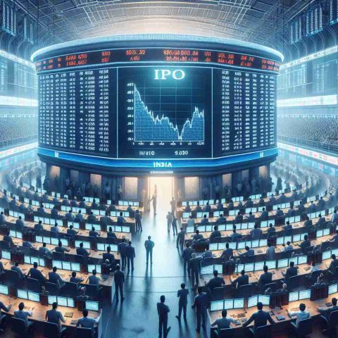 High definition, realistic image depicting the unveiling of an event marking the initial public offering (IPO) of a major, unnamed corporation in India. The scene should show anticipation and excitement, reflecting India's vibrant financial market. Please showcase the high-altitude perspective over a crowded stock exchange trading floor, with traders awaiting eagerly. Include a large screen displaying a ticker tape with unreadable figures and graphs to signify stock market activities. This depiction should evoke a sense of suspense and reflect conversations about whether the major corporation lived up to the hype surrounding its public listing.