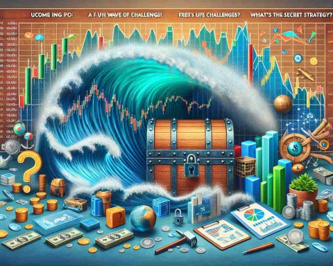 Generate a realistic, high-definition image representing the concept of 'Upcoming IPOs: A Fresh Wave of Challenges! What’s the Secret Strategy?'. The image could include elements like stock market charts showing potential growth, a tidal wave representing the challenges, a locked treasure chest symbolizing the secret strategy, and relevant financial icons and symbols. Remember to generate this image with a professional tone, as it pertains to financial matters.