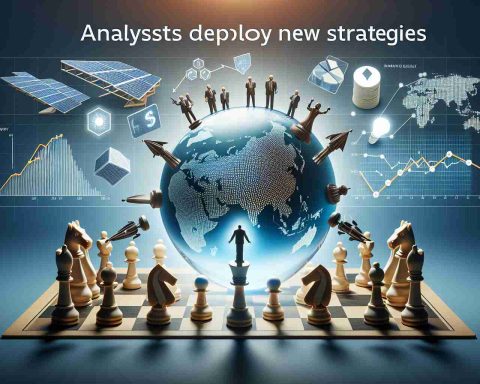 Create a realistic high-definition image embodying the concept of 'Analysts Deploy New Strategies'. Use symbols and metaphors to represent new strategy deployment such as chess pieces on a board, graphs changing direction, figurines placing pieces on a world map etc. Also, signify the revealing of Enphase's future with visuals of a crystal ball revealing high-tech solar panels (depicting Enphase's main product), and arrows pointing upwards to indicate progress and positive outcomes.