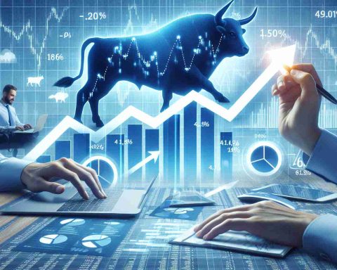 Create a high-definition, realistic illustration representing the concept of a surge in the stock market. Use symbols such as stock market graphs with arrows pointing upwards, possibly a bull (as a symbol of a bullish market), and experts analyzing data and devising strategies. Ideally, there would also be some sort of visual representation of key strategies such as pie charts, bar graphs, and flow charts.