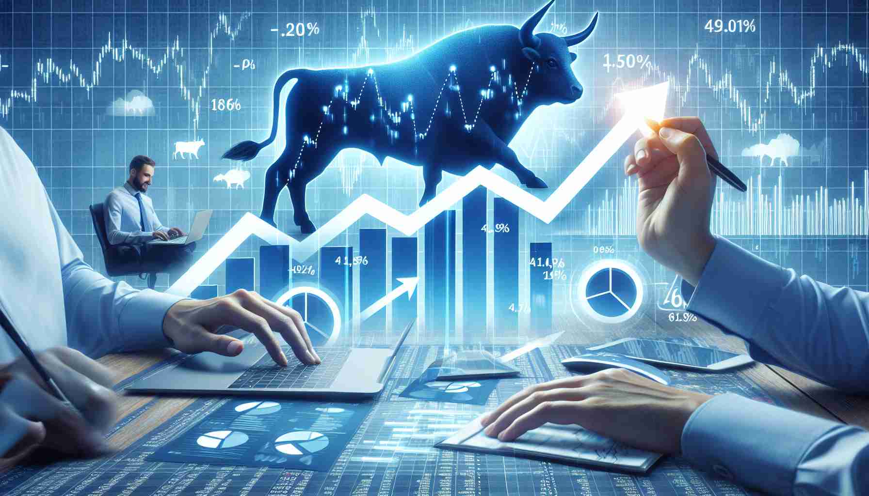 Create a high-definition, realistic illustration representing the concept of a surge in the stock market. Use symbols such as stock market graphs with arrows pointing upwards, possibly a bull (as a symbol of a bullish market), and experts analyzing data and devising strategies. Ideally, there would also be some sort of visual representation of key strategies such as pie charts, bar graphs, and flow charts.