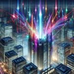 A detailed photo-realistic image illustrating the concept of a new shockwave reverberating through the domain of energy investments. The image showcases a futuristic cityscape, where tall corporate buildings made of glass and metal symbolize the investment sector. One of these buildings has multiple streams of vibrant colorful light radiating from its pinnacle, symbolizing the shockwave and the surprise move of one fund. The lights are illuminating the night sky, forming unique light patterns. Include small details like fluctuating stock market graphs and charts visible through the building's windows, hinting at the dynamic nature of investments.